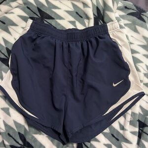 Nike Blue and White Athletic Shorts with Curved Hem